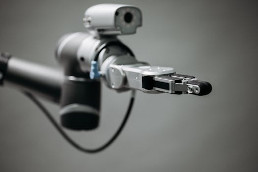 Close-up of a robotic arm showcasing advanced technology and innovation in an indoor environment.