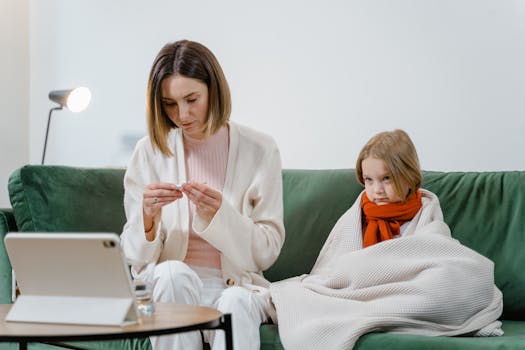 A mother and daughter engage in a telehealth session at home for health concerns.