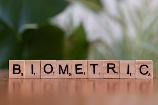 Close-up of wooden blocks spelling 'BIOMETRIC,' symbolizing biometric technology and identity recognition.