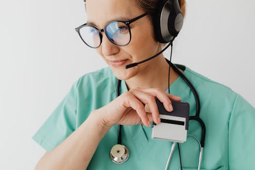 Medical professional with headset and stethoscope during a telemedicine consultation.